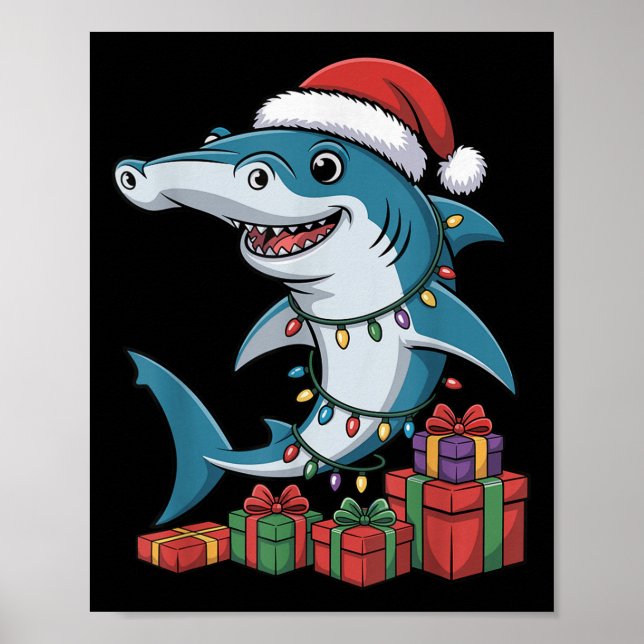 Póster Hammerhead Shark Santa Hat Navidades Funny Marine (Frente)