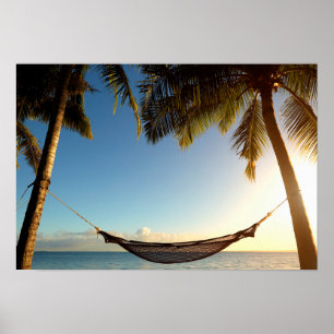 Póster Hammock Between Palm Trees on Tropical Beach