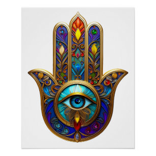 Póster Hamsa Colorido Dorado Turquesa Zafiro Tercer Ojo