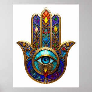 Póster Hamsa Colorido Dorado Turquesa Zafiro Tercer Ojo