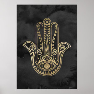 Póster Hamsa de color negro y dorado, mano de Fátima