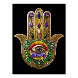 Póster Hamsa de oro pintado Amatista Rubí Tercer Ojo
