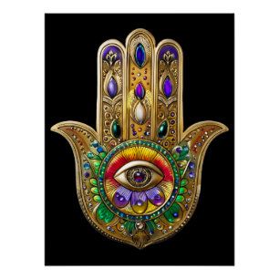Póster Hamsa de oro pintado Amatista Rubí Tercer Ojo
