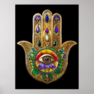 Póster Hamsa de oro pintado amatista rubí tercer ojo
