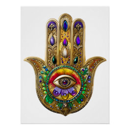 Póster Hamsa de oro pintado amatista rubí tercer ojo