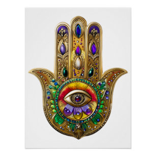 Póster Hamsa de oro pintado amatista rubí tercer ojo
