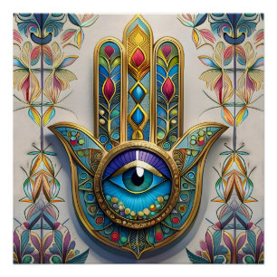 Póster Hamsa de tercer ojo azul-verde con filigrana color