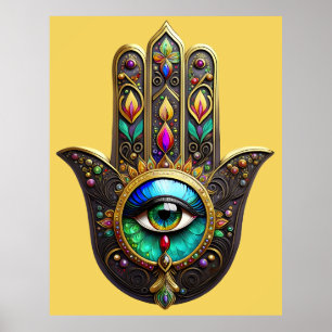 Póster Hamsa Dorado Marrón Colorido Ojo Tercero Arcoíris