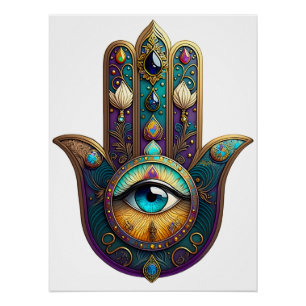Póster Hamsa Violeta Dorada Verde Acuario con Tercer Ojo