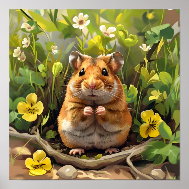 Póster Hamster Dorado Sirio En Un Campo De Flores (Frente)