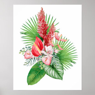 Póster ¡Hana hou! Arreglo de flores de Hawai (blanco)