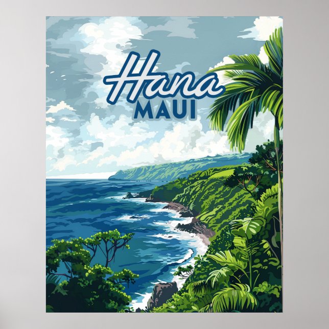 Póster Hana Maui Hawaii Road to Hana Beach Coast Retro (Frente)