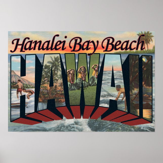 Póster Hanalei Bay Beach, Hawaii - Large Letter Scenes (Frente)