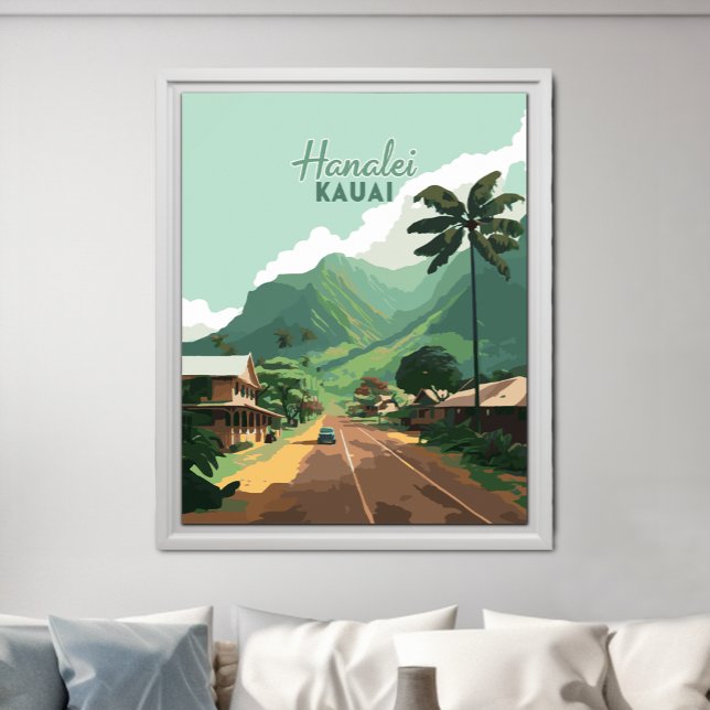 Póster Hanalei Kauai Hawaii Bay Mountains Green (Hanalei town on Kauai's North Shore in Hawaii on a retro design poster.)