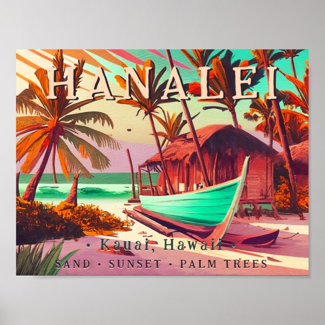 Póster Hanalei Kauai Hawaii palmera tropical soleada de l (Frente)