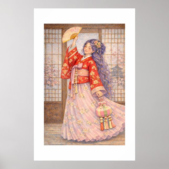 Póster Hanbok Elegante con Abanico (Frente)