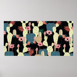 Póster Hand drawing Cactus Plant and flowers Seamless Pat