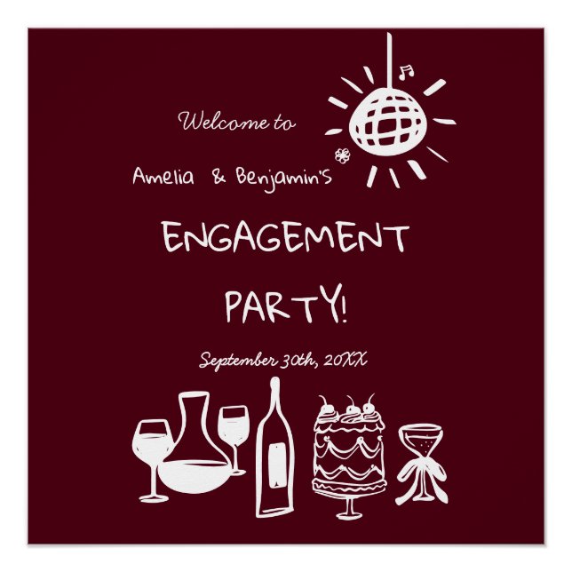 Póster Hand Drawn Engagement Party Wedding Welcome Sign. (Anverso)