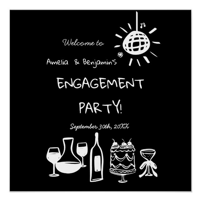 Póster Hand Drawn Engagement Party Wedding Welcome Sign. (Anverso)