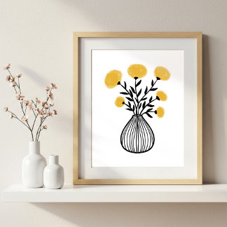 Póster Hand-Drawn Mixed Media Art Mustard Yellow Florals
