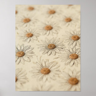 Póster Hand-drawn vintage daisies arranged insoft pattern