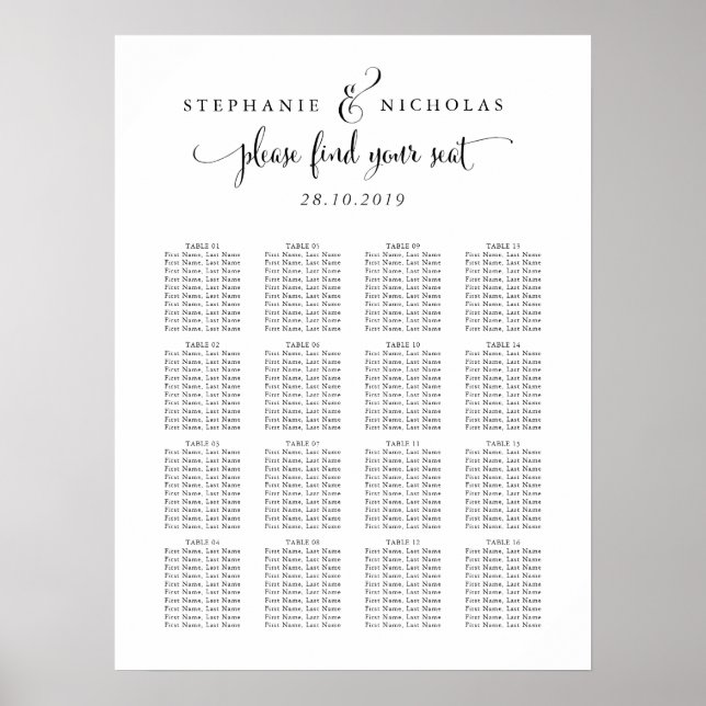 Póster Hand Letter Chic Wedding Seating Chart (Frente)