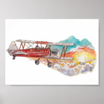 Hand Painted Biplane Bush Plane Sunset Watercolor