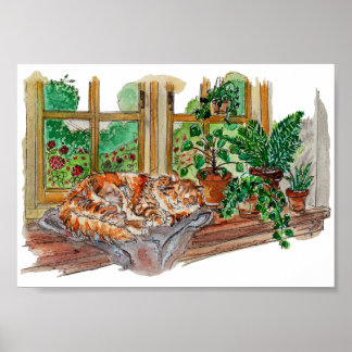 Póster Hand Painted Cosy Window Cat Watercolor Art