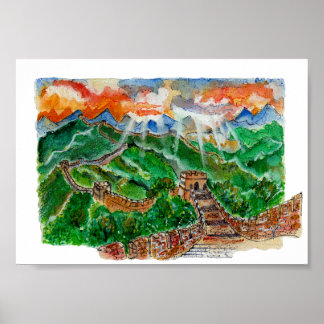 Póster Hand Painted Great Wall of China Watercolor Art