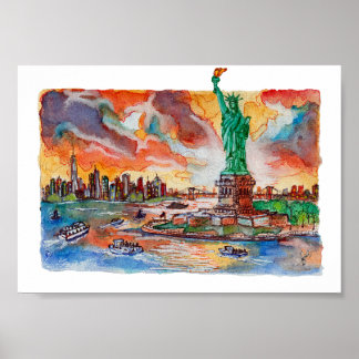 Póster Hand Painted New York Liberty Statue Watercolor