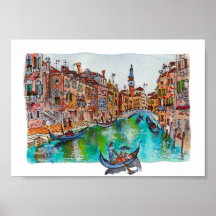 Hand Painted Venice Canals and gondolas Watercolor