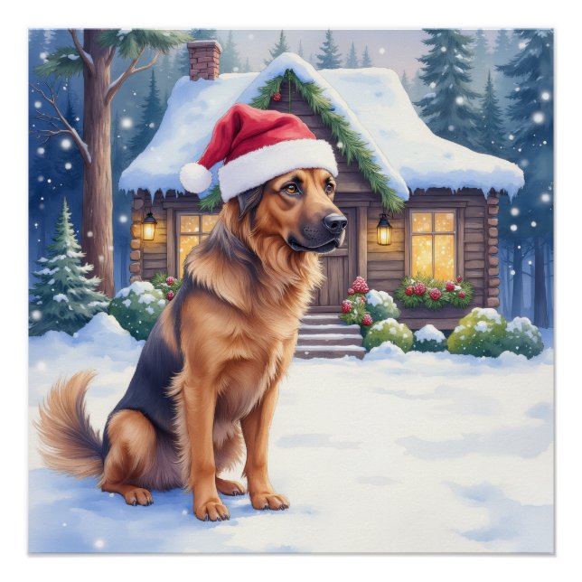 Póster Hanoverian Scenthound Snowy Forest Cabin Santa Hat (Anverso)
