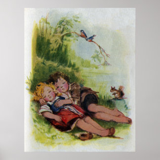 Póster Hansel y Gretel durmiendo en los bosques