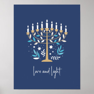 Póster Hanukkah Amor y Luz Floral Menorah Rótulo