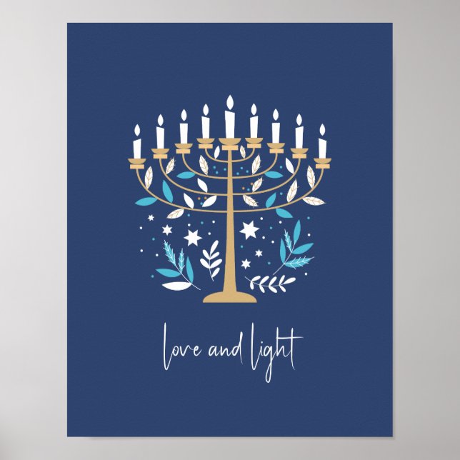 Póster Hanukkah Amor y Luz Floral Menorah Rótulo (Frente)