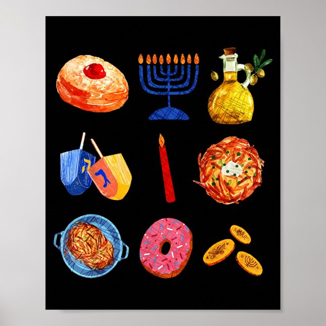 Póster Hanukkah Latke Menorah Dreidel Donut Chanukah Jewi (Frente)