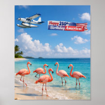 Happy 250th Birthday America Flamingos on Beach