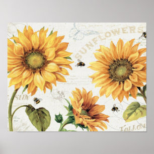 Póster Happy Bees and Yellow Sunflowers Three