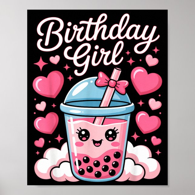 Póster Happy Birthday Girl Cute Nk Bow Bubble Boba Tea An (Frente)