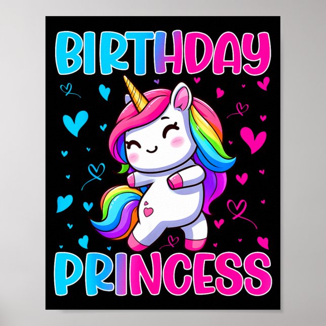 Póster Happy Birthday Princess Unicorn Cute Rainbow Heart (Frente)