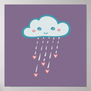 Póster Happy Blue Rain Cloud Raining Pink Hearts
