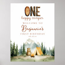 Happy Camper Bear 1st Birthday Welcome Sign