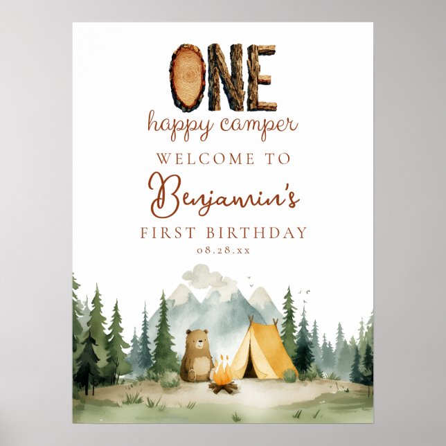 Póster Happy Camper Bear 1st Birthday Welcome Sign (Frente)