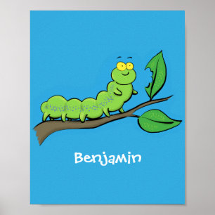 Póster Happy cute green caterpillar cartoon illustration
