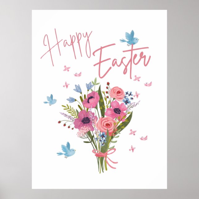 Póster Happy Easter Spring Floral Bouquet & Blue Birds (Frente)