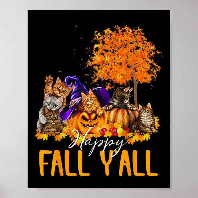 Póster Happy Fall Y'all Cats Lover Autumn Pumpkin Maple H (Frente)