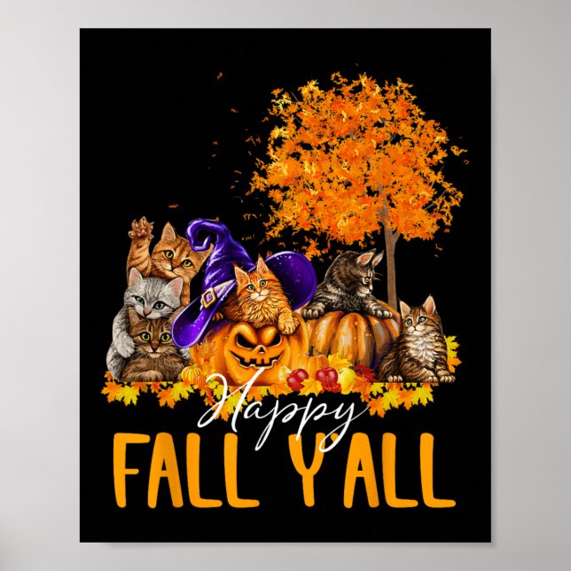 Póster Happy Fall Y'all Cats Lover Autumn Pumpkin Maple H (Frente)