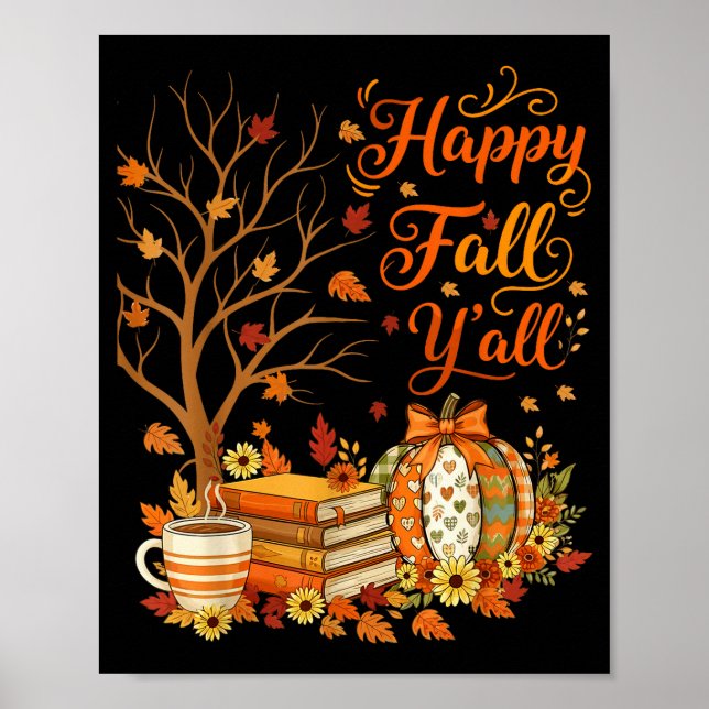 Póster Happy Fall Y'all Floral Pumpkin Autumn Coffee  (Frente)