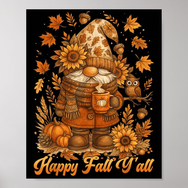 Póster Happy Fall Y'all Gnome Pumpkin Autumn Thanksgiving (Frente)