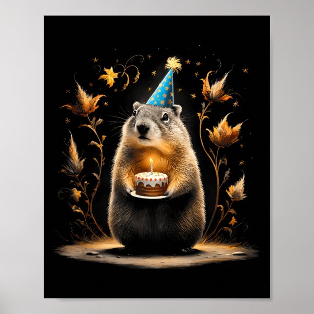 Póster Happy Groundhog Day Ground Hog With Birthday Cake  (Frente)